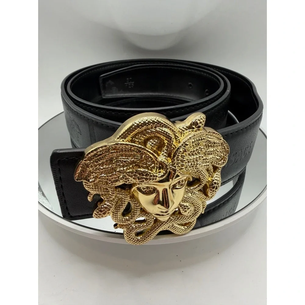 Versace Black Leather Medusa Head Gold Buckle Belt Size 50/125